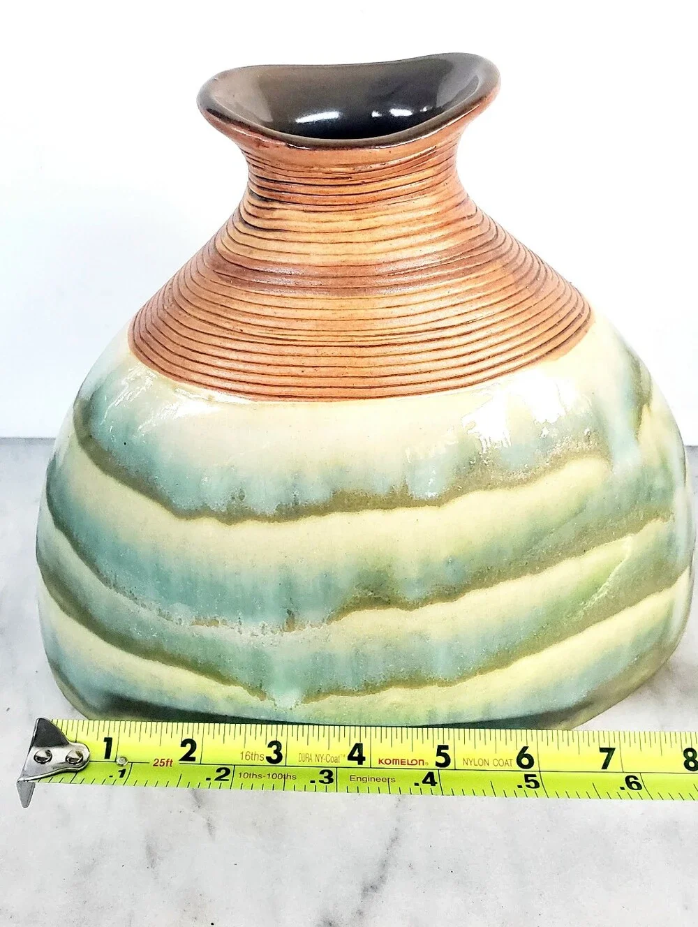 VINTAGE DRIP GLAZE POTTERY FLAT FISH SHAPE Large VASE Ribbed Neck Green Brown